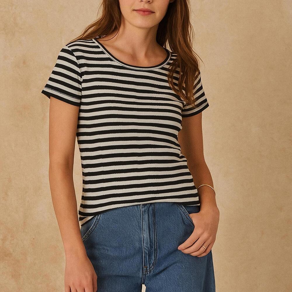 Madewell Piper Linguini Stripe Tee Women’s M Ribbed Scoop Neck Cotton Blend